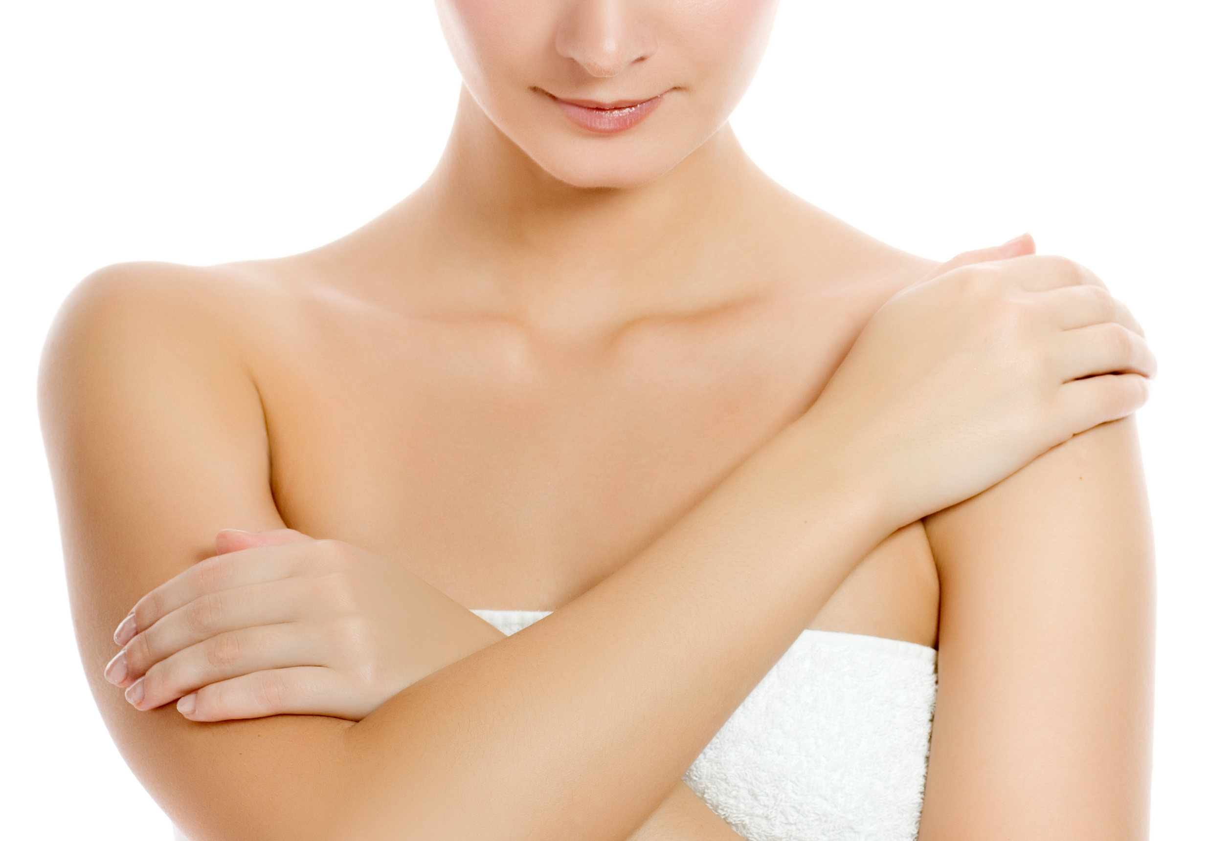 Beautiful young woman after shower. Isolated on white background